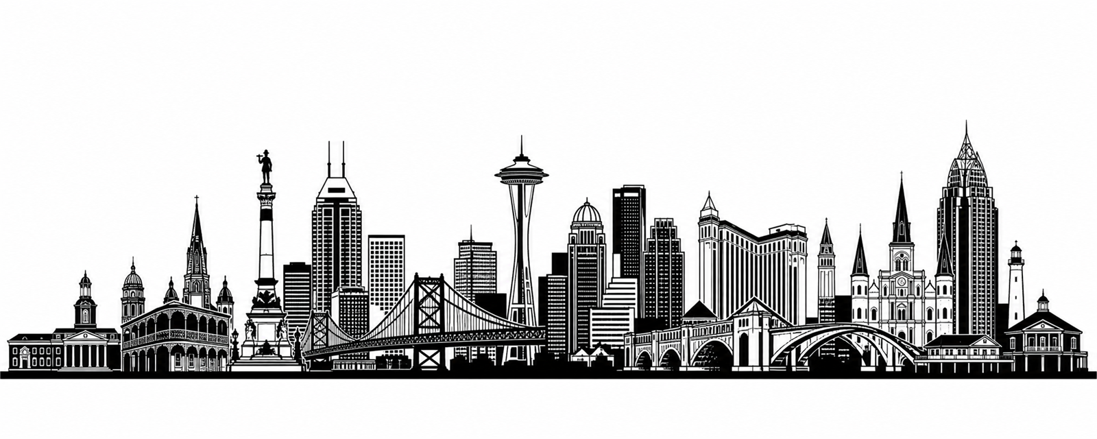 Black-and-white panoramic skyline combining landmark-inspired buildings from cities connected to the Entrevangelism company, including Indianapolis, Seattle, Cincinnati, Louisville, New Orleans, Mobile, Pensacola, and Las Vegas.